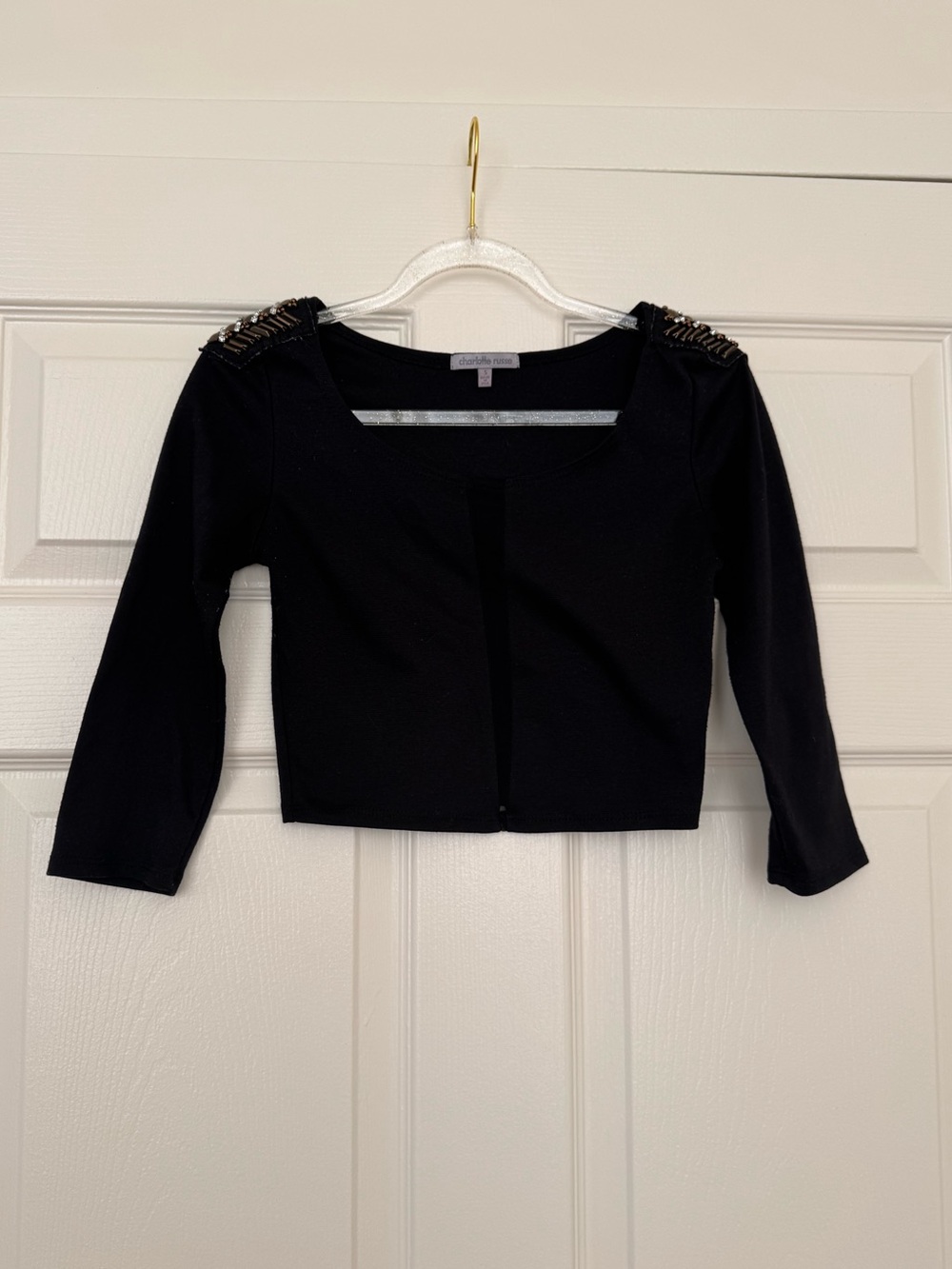Embellished Shoulder Cropped Black Top